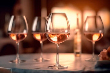 Four wine glasses are on a table with a bottle of wine. Scene is relaxed and social, as the glasses are likely being shared among friends or family