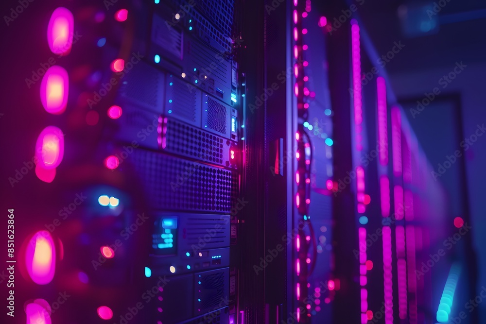 Poster a high-tech data center with rows of glowing blue and purple server cabinets, illuminated by soft pi