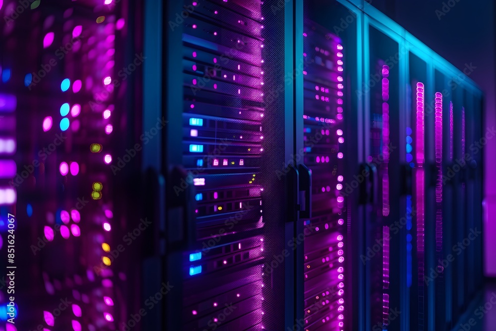 Poster a high-tech data center with rows of glowing blue and purple server cabinets, illuminated by soft pi
