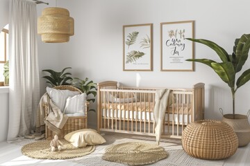 Empty wooden frame poster mockup with two frames on the wall above the baby crib in a nursery room, featuring white walls for a clean and simple look.