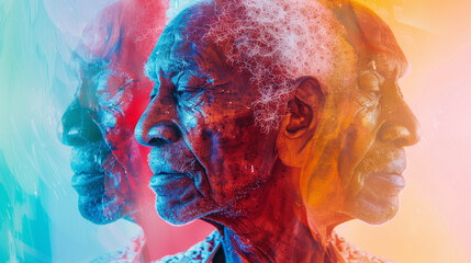 Fototapeta premium Portrait of elderly man in three different perspectives, abstract background.