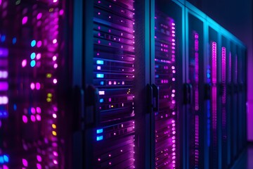 A high-tech data center with rows of glowing blue and purple server cabinets, illuminated by soft pink neon lights. The scene is captured in a wide-angle shot that highlights the sleek design of each