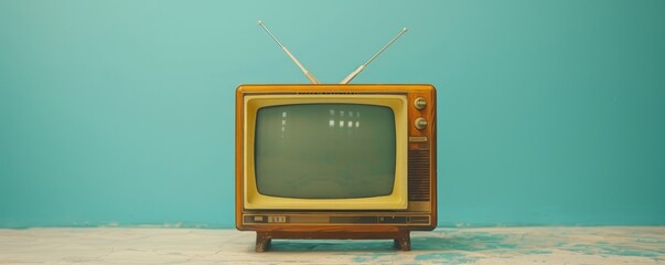 Vintage retro old television set on a pastel blue background with ample space for copy, perfect for...