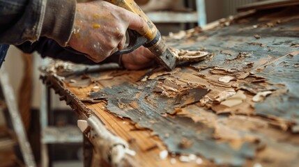 Close-up of a craftsman manually removing old paint from a wooden surface with a scraper, showcasing detailed restoration work.