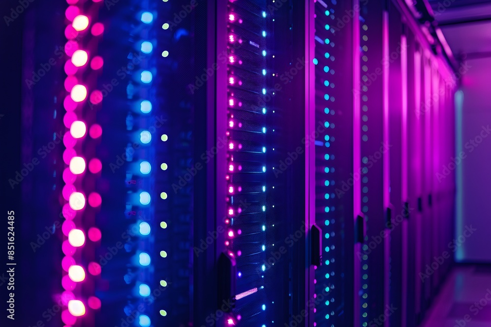 Poster a high-tech data center with rows of glowing blue and purple server cabinets, illuminated by soft pi