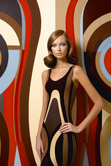 Woman in geometric patterned dress standing against colorful abstract background. Studio fashion photography with retro and modern art concept for design and print