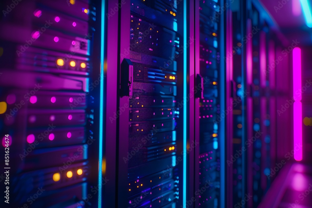 Poster a high-tech data center with rows of glowing blue and purple server cabinets, illuminated by soft pi