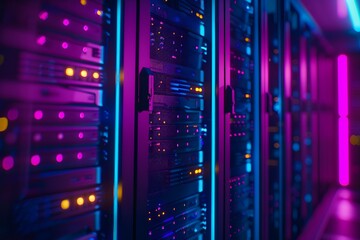 A high-tech data center with rows of glowing blue and purple server cabinets, illuminated by soft pink neon lights. The scene is captured in a wide-angle shot that highlights the sleek design of each