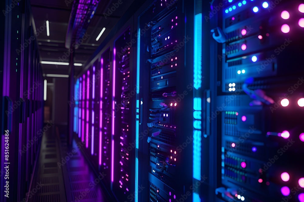 Poster a high-tech data center with rows of glowing blue and purple server cabinets, illuminated by soft pi