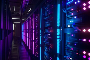 A high-tech data center with rows of glowing blue and purple server cabinets, illuminated by soft pink neon lights. The scene is captured in a wide-angle shot that highlights the sleek design of each