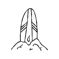 Hand drawn surfboard on the beach. Sketch vector illustration for outdoor summer design. Doodle style.