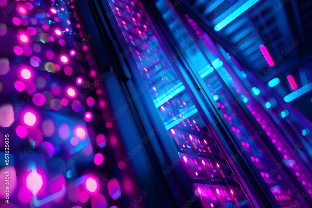 Aufkleber a high-tech data center with rows of glowing blue and purple server cabinets, illuminated by soft pi