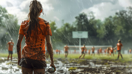 A woman in a muddy field with a group of people playing soccer