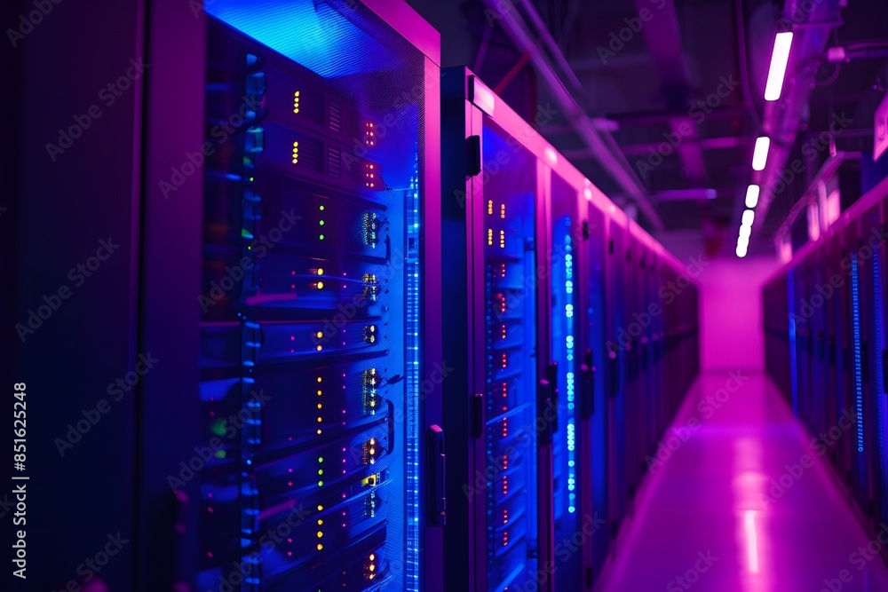 Poster a high-tech data center with rows of glowing blue and purple server cabinets, illuminated by soft pi
