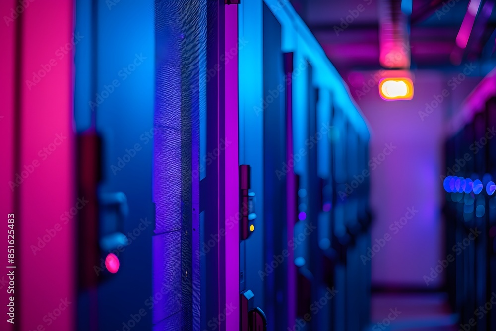 Aufkleber a high-tech data center with rows of glowing blue and purple server cabinets, illuminated by soft pi