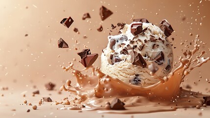 **Cookie dough ice cream explosion, chocolate chunks, solid tan background. 32k, full ultra HD,...