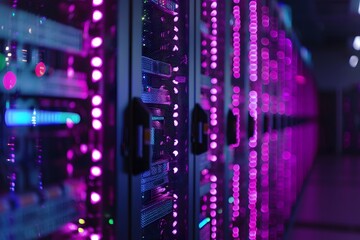 A high-tech data center with rows of glowing blue and purple server cabinets, illuminated by soft pink neon lights. The scene is captured in a wide-angle shot that highlights the sleek design of each