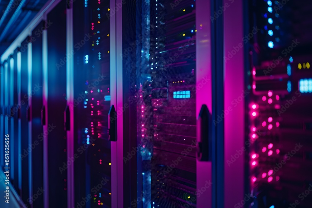 Aufkleber a high-tech data center with rows of glowing blue and purple server cabinets, illuminated by soft pi
