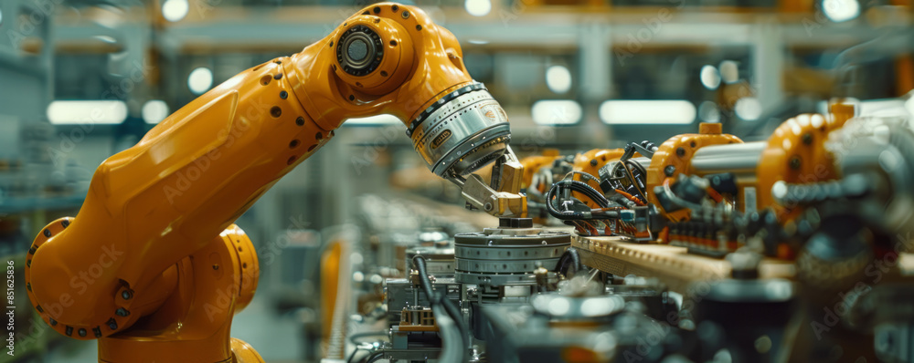 Poster a robot arm assembling a complex piece of machinery, its movements precise and efficient.