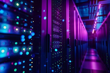 A high-tech data center with rows of glowing blue and purple server cabinets, illuminated by soft pink neon lights. The scene is captured in a wide-angle shot that highlights the sleek design of each