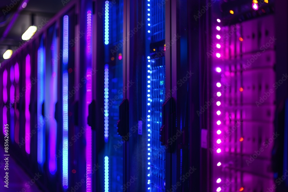 Aufkleber a high-tech data center with rows of glowing blue and purple server cabinets, illuminated by soft pi