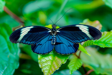 Beautiful Blue Doris Longwing butterfly rests among the foliage of a garden