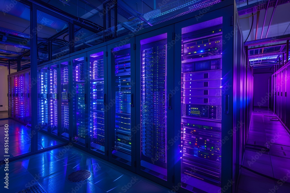 Wall mural a high-tech data center with rows of glowing blue and purple server cabinets, illuminated by soft pi