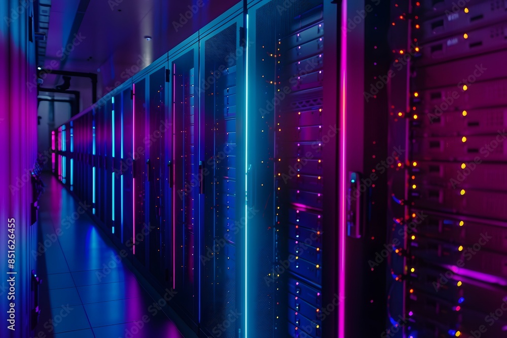 Aufkleber a high-tech data center with rows of glowing blue and purple server cabinets, illuminated by soft pi