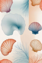 Trendy artistic transparent background with seashells, waves, starfish and coral.