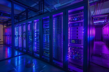 A high-tech data center with rows of glowing blue and purple server cabinets, illuminated by soft pink neon lights. The scene is captured in a wide-angle shot that highlights the sleek design of each