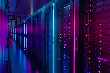 A high-tech data center with rows of glowing blue and purple server cabinets, illuminated by soft pink neon lights. The scene is captured in a wide-angle shot that highlights the sleek design of each