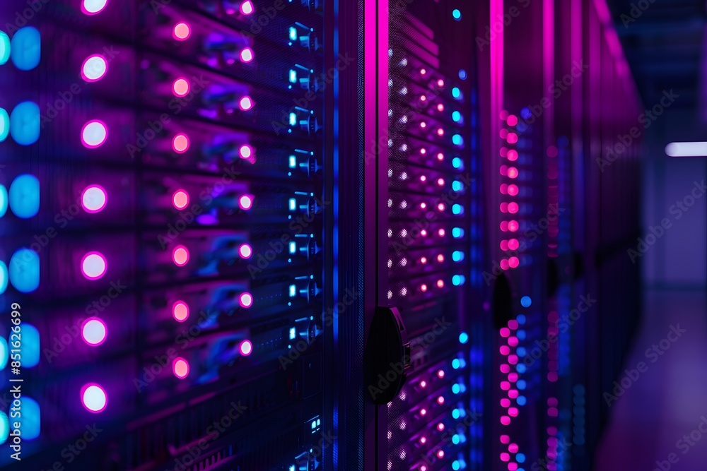 Poster a high-tech data center with rows of glowing blue and purple server cabinets, illuminated by soft pi