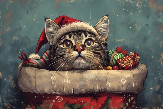 A cute tabby kitten wearing a red Santa hat is sitting in a red and white striped stocking. Christmas Seasonal Holiday.
