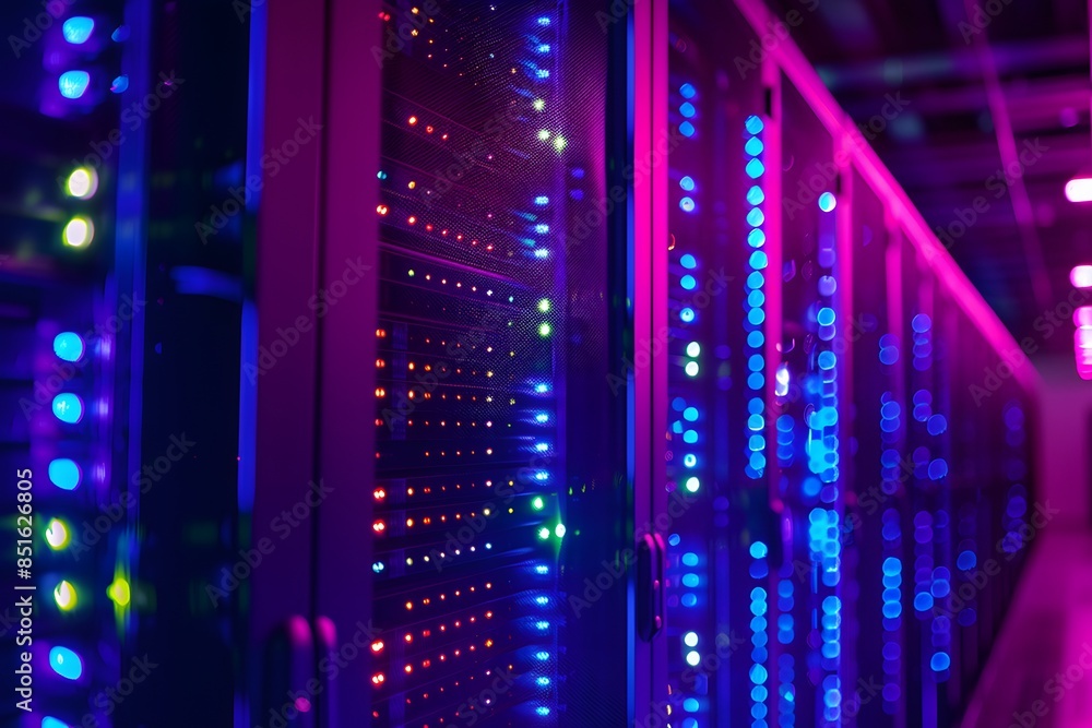 Aufkleber a high-tech data center with rows of glowing blue and purple server cabinets, illuminated by soft pi