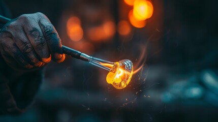 Close-up of artisan creating glass art with fire, showcasing craftsmanship and intricate details in a glowing workshop environment.