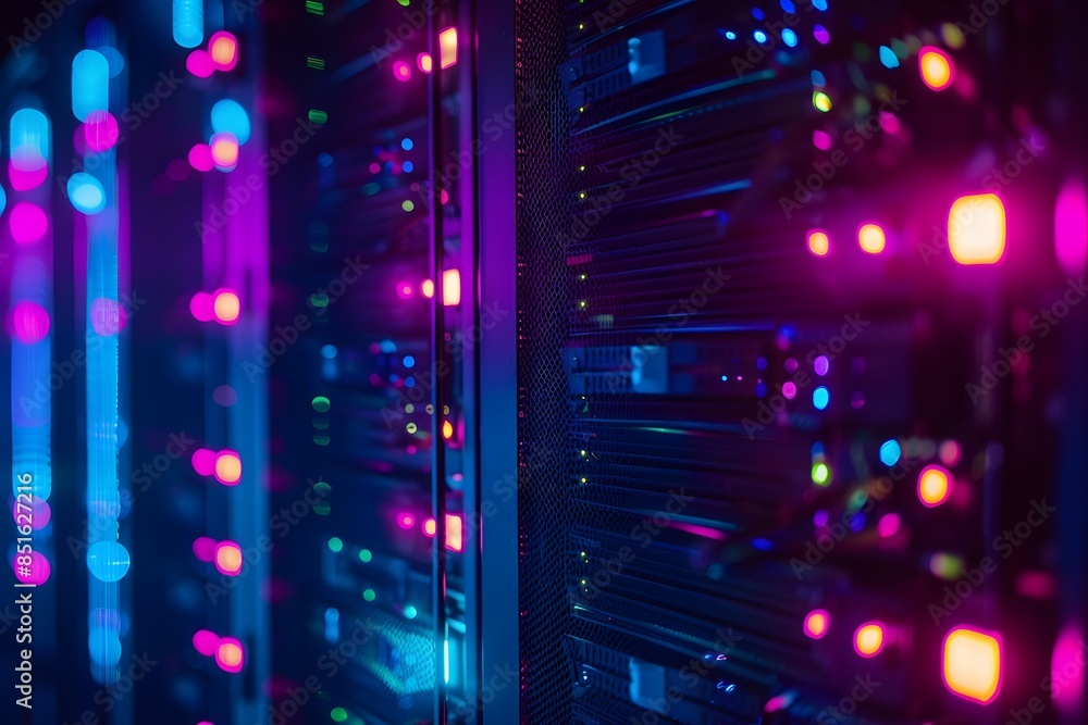 Poster a high-tech data center with rows of glowing blue and purple server cabinets, illuminated by soft pi