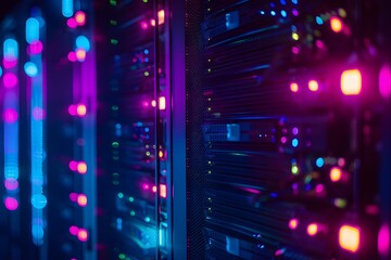 A high-tech data center with rows of glowing blue and purple server cabinets, illuminated by soft pink neon lights. The scene is captured in a wide-angle shot that highlights the sleek design of each