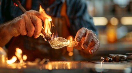 Obraz premium Close-up of artisan's hands skillfully shaping molten glass with flame, creating a delicate piece in the workshop.