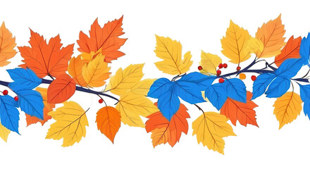 Fototapeta premium Leaves, branches and berries, blue, orange. Separate transparent background.