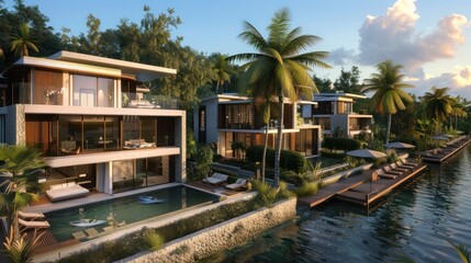 rchitectural plans for a contemporary riverside resort with luxury villas and recreational amenities