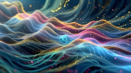 Abstract technology design with glowing digital waves. Futuristic blue background with dynamic flow and bright energy. Creative illustration for science, business, information concepts.