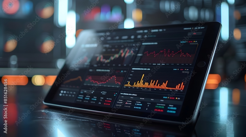 Poster virtual finance advisor providing investment insights through tablet app with graphs and forecasts
