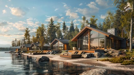 Fototapeta premium rchitectural plans for a contemporary lakeside retreat with luxury cabins and recreational amenities