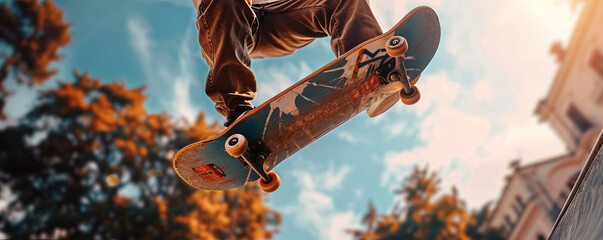 A professional skateboarder performing an impressive trick, their board soaring through the air.