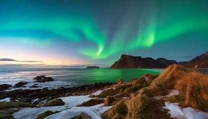 Obraz premium Paisaje hermoso aurora boreal cielo colores mar