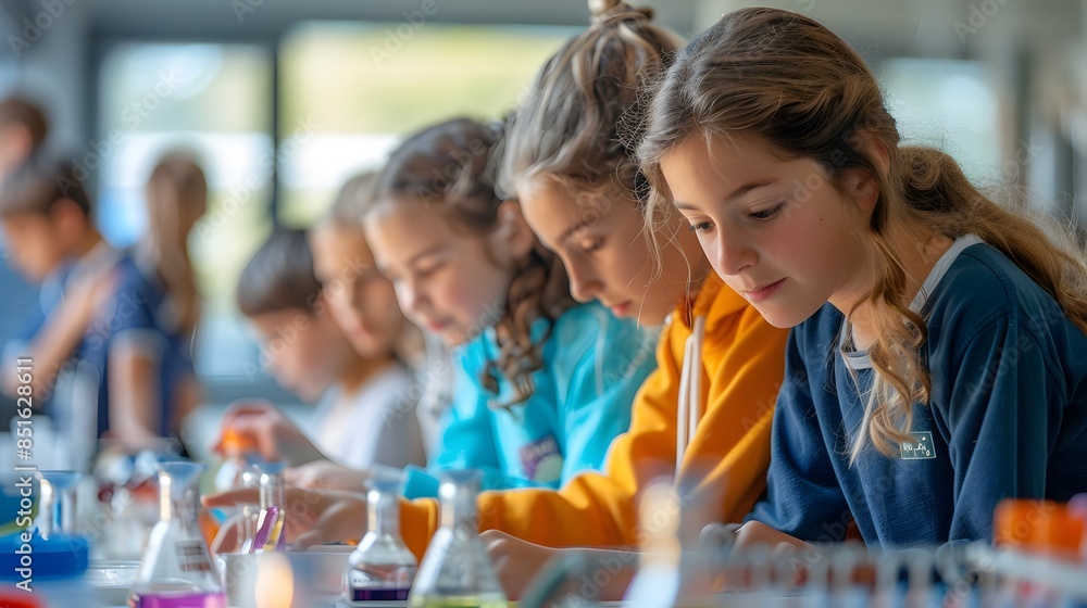 Poster engaged students conducting hands on science experiment in bustling classroom setting