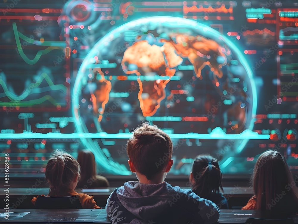 Poster digital classroom with students interacting with virtual globe to learn geography and expand their k