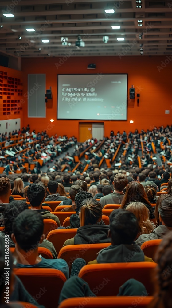 Poster captivating university lecture hall event with audience attending guest speaker presentation