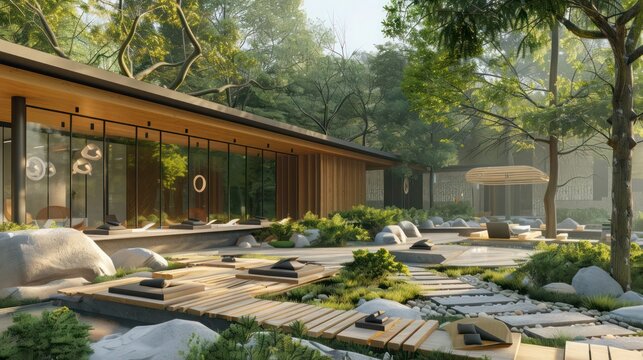 rchitectural plans for a modern wellness retreat with meditation areas, fitness centers, and nature trails