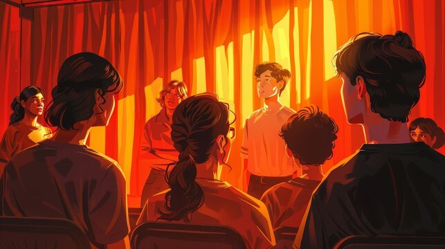 Group of people attending a meeting or seminar with a speaker in front, warm light from the background, informative session.